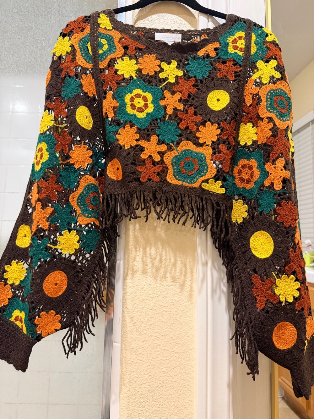 Brown Crochet Floral Fringe Sweater - Multicolor